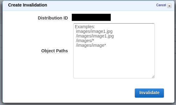 AWS CloudFront Invalidation dialogue box